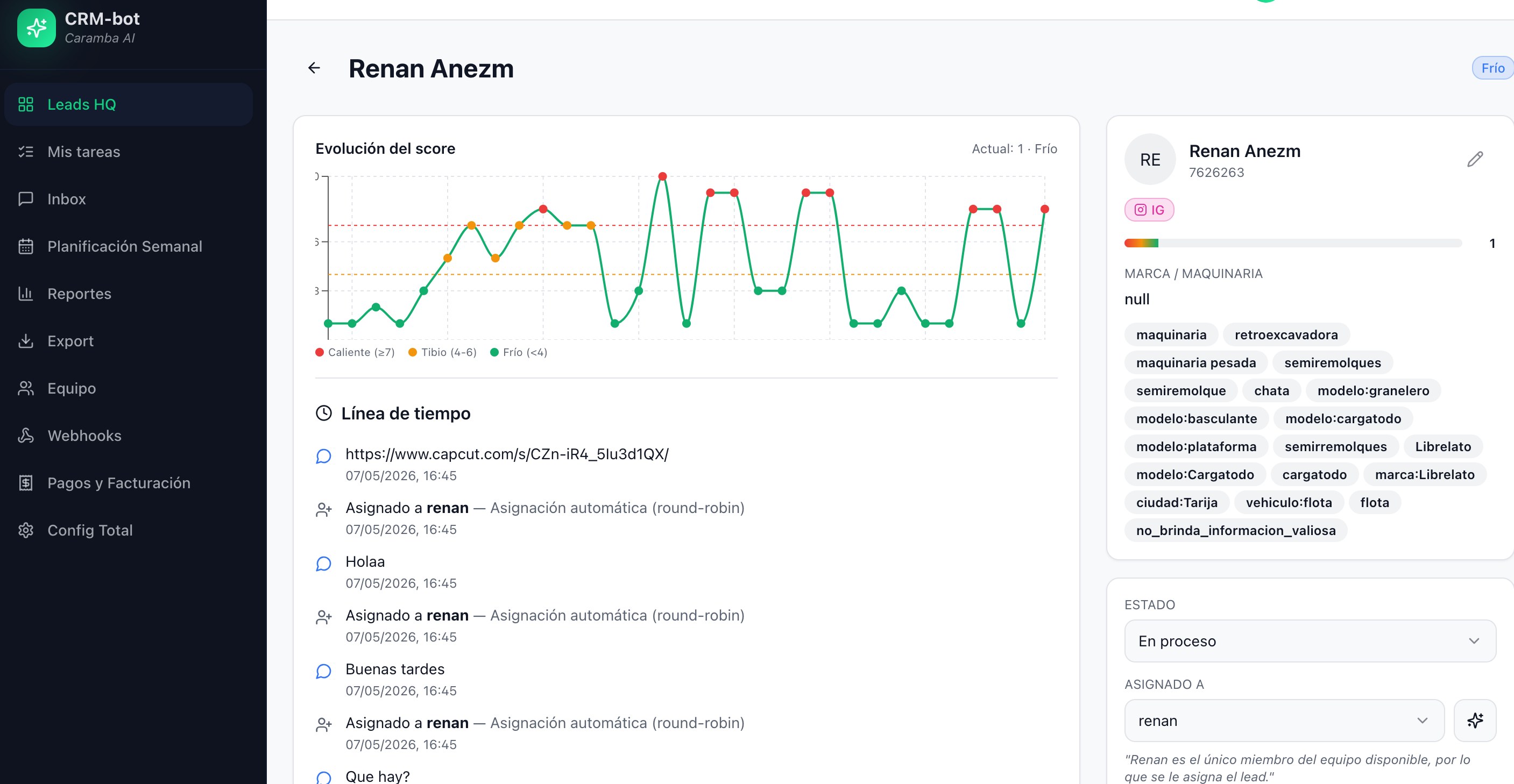Interfaz de Caramba CRM: ficha del lead