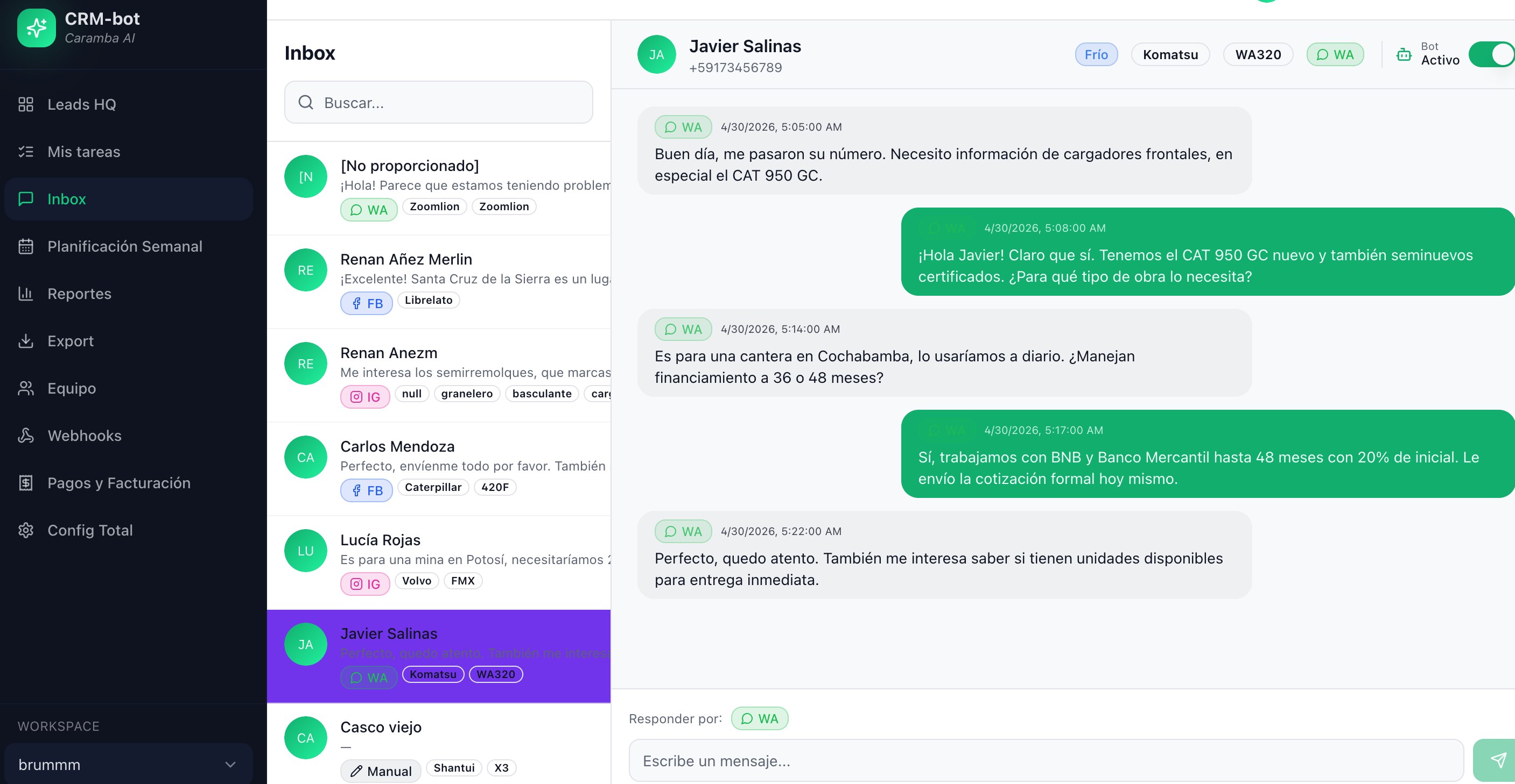 Interfaz de Caramba CRM: inbox unificado
